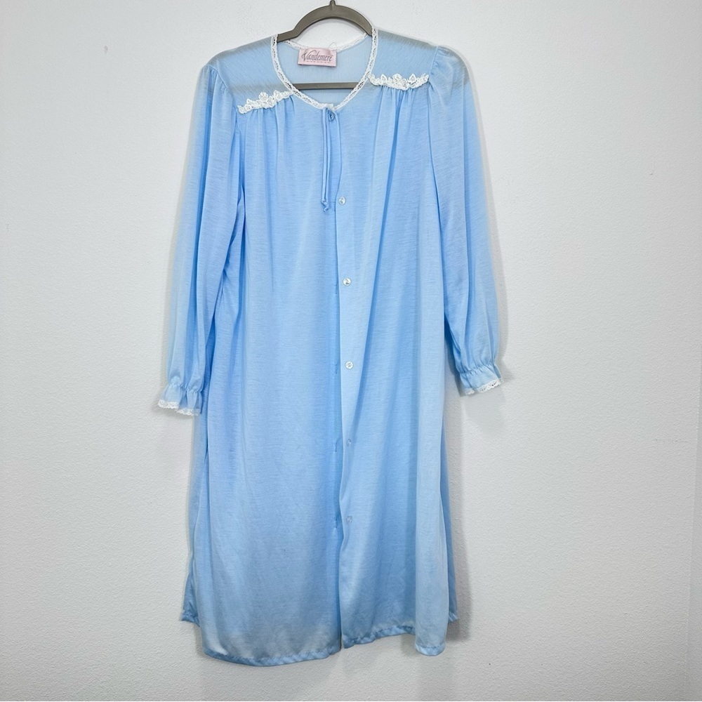 Vandemere Grannycore Light Blue Lace Trimmed Night Robe Pockets Button Front M